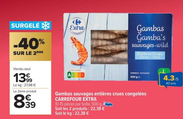 Gambas sauvages entières crues congelées CARREFOUR EXTRA