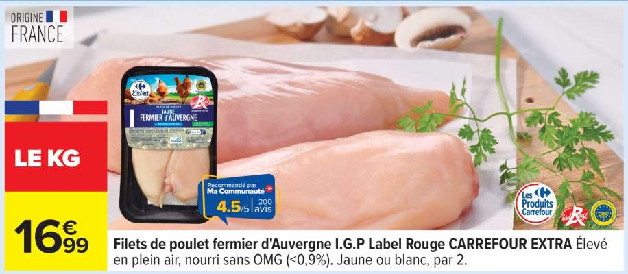 Filets de poulet fermier d'Auvergne I.G.P Label Rouge CARREFOUR EXTRA