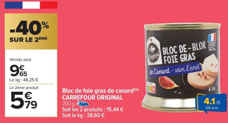 Bloc de foie gras de canard CARREFOUR ORIGINAL