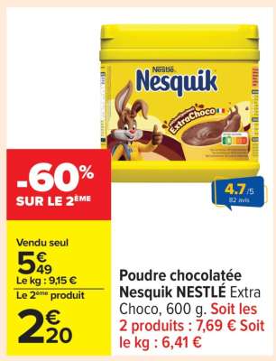 Poudre chocolatée Nesquik NESTLÉ Extra Choco, 600 g