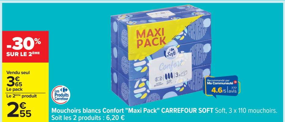 Mouchoirs blancs Confort "Maxi Pack" CARREFOUR SOFT