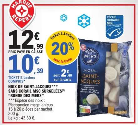 NOIX DE SAINT-JACQUES SANS CORAIL MSC SURGELÉES 'RONDE DES MERS'
