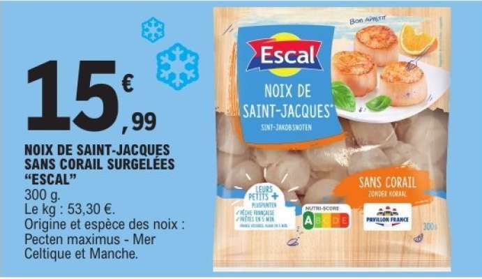 NOIX DE SAINT-JACQUES SANS CORAIL SURGELEES “ESCAL”