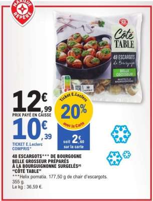 48 ESCARGOTS*** DE BOURGOGNE BELLE GROSSEUR PRÉPARÉS À LA BOURGUIGNONNE SURGELÉS «CÔTÉ TABLE»