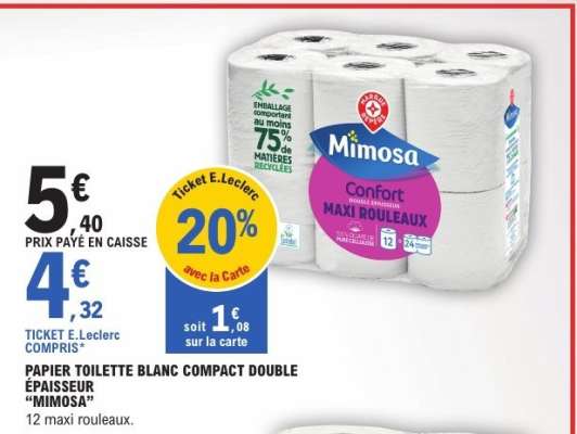 Papier toilette blanc compact double épaisseur 'Mimosa'