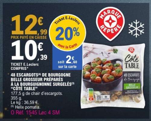 48 ESCARGOTS*** DE BOURGOGNE BELLE GROSSEUR PRÉPARÉS À LA BOURGUIGNONNE SURGELÉS «CÔTÉ TABLE»