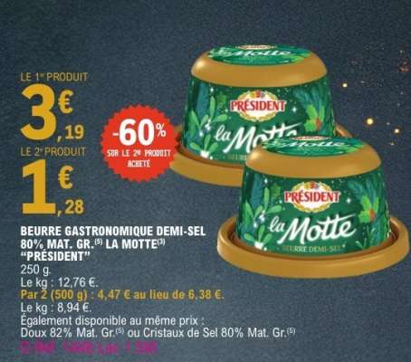 BEURRE GASTRONOMIQUE DEMI-SEL 80% MAT. GR. LA MOTTE PRÉSIDENT