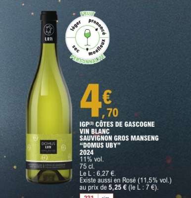 IGP CÔTES DE GASCOGNE VIN BLANC SAUVIGNON GROS MANSENG “DOMUS UBY”