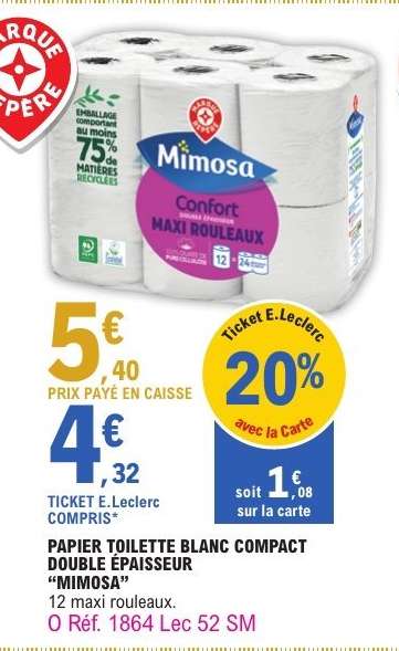 Papier toilette blanc compact double épaisseur 'Mimosa'