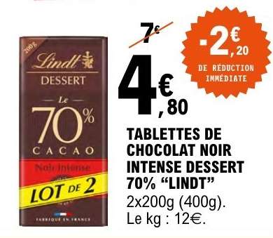 TABLETTES DE CHOCOLAT NOIR INTENSE DESSERT 70% “LINDT”