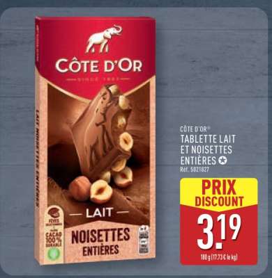 CÔTE D'OR TABLETTE LAIT ET NOISETTES ENTIÈRES