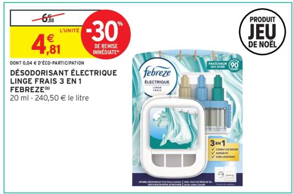 DÉSODORISANT ÉLECTRIQUE LINGE FRAIS 3 EN 1 FEBREZE