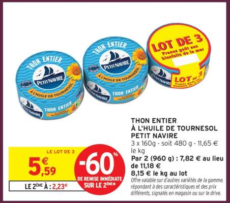 THON ENTIER À L'HUILE DE TOURNESOL PETIT NAVIRE