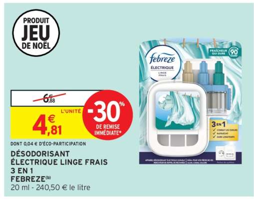 DÉSODORISANT ÉLECTRIQUE LINGE FRAIS 3 EN 1 FEBREZE