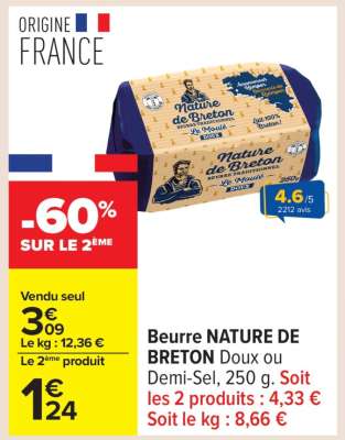 Beurre NATURE DE BRETON Doux ou Demi-Sel