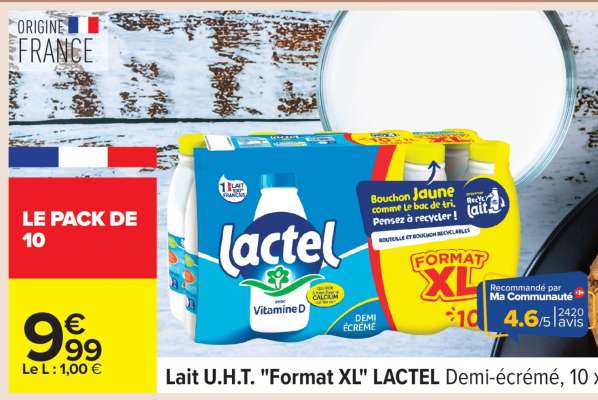 Lait U.H.T. "Format XL" LACTEL Demi-écrémé, 10 x 1L