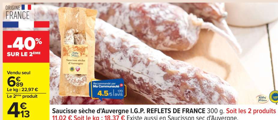 Saucisse sèche d'Auvergne I.G.P. REFLETS DE FRANCE