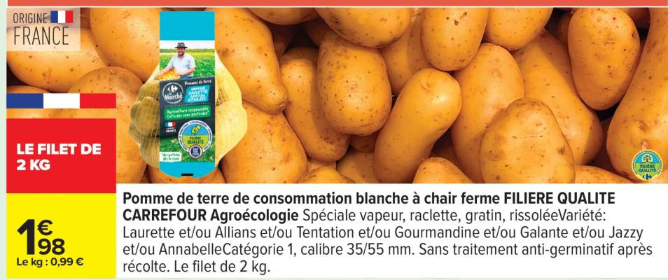 Pomme de terre de consommation blanche à chair ferme FILIERE QUALITE CARREFOUR Agroécologie