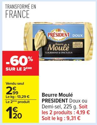 Beurre Moulé PRESIDENT Doux ou Demi-sel