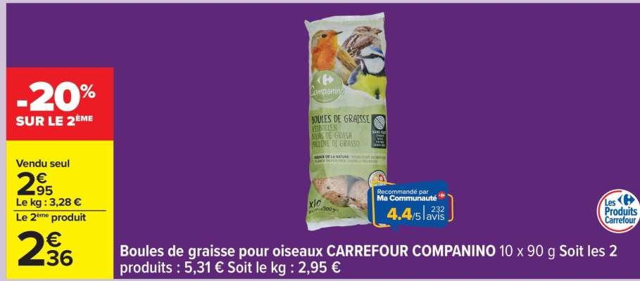 Boules de graisse pour oiseaux CARREFOUR COMPANINO