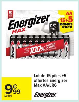 Lot de 15 piles + 5 offertes Energizer Max AA/LR6