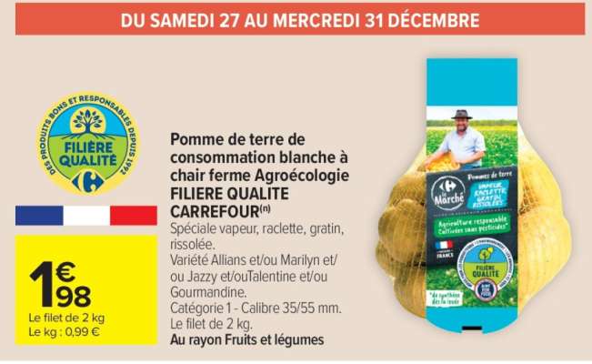 Pomme de terre de consommation blanche à chair ferme Agroécologie FILIÈRE QUALITÉ CARREFOUR