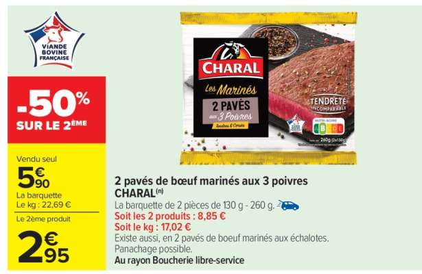 2 pavés de bœuf marinés aux 3 poivres CHARAL