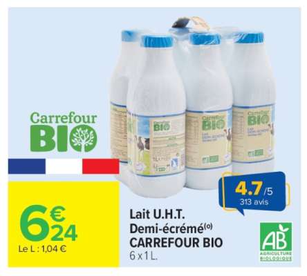 Lait U.H.T. Demi-écrémé CARREFOUR BIO