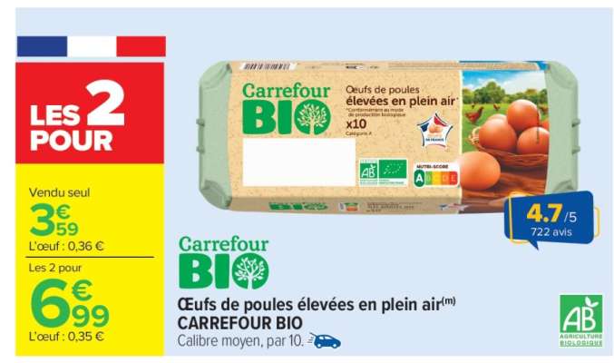 Oeufs de poules élevées en plein air Carrefour Bio