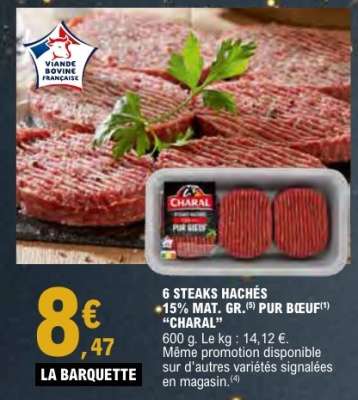 6 STEAKS HACHÉS 15% MAT. GR. PUR BŒUF 'CHARAL'
