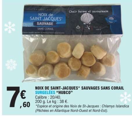 NOIX DE SAINT-JACQUES SAUVAGES SANS CORAIL SURGELÉES "HUBCO"