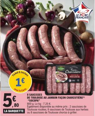 8 SAUCISSES DE TOULOUSE AU JAMBON FAÇON CHARCUTIÈRE "SOCOPA"