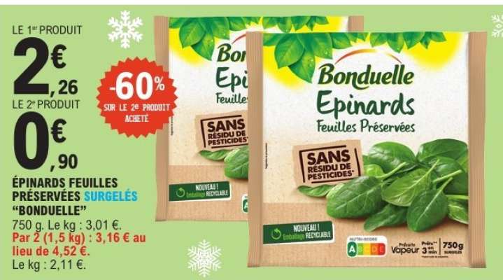ÉPINARDS FEUILLES PRÉSERVÉES SURGELÉS “BONDUELLE”