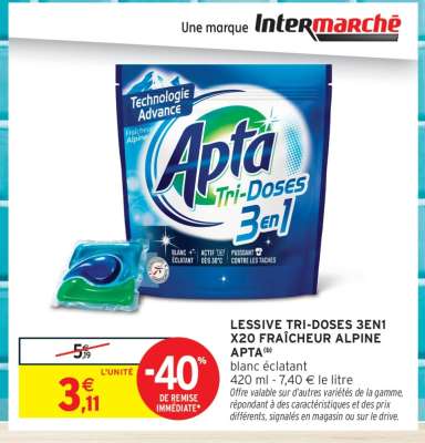 LESSIVE TRI-DOSES 3EN1 X20 FRAÎCHEUR ALPINE APTA