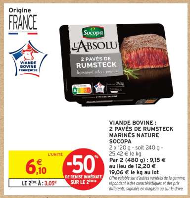 VIANDE BOVINE : 2 PAVÉS DE RUMSTECK MARINÉS NATURE SOCOPA