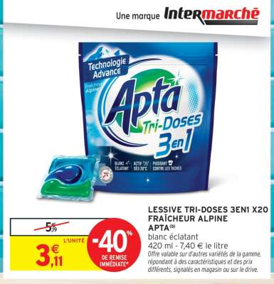 LESSIVE TRI-DOSES 3EN1 X20 FRAÎCHEUR ALPINE APTA