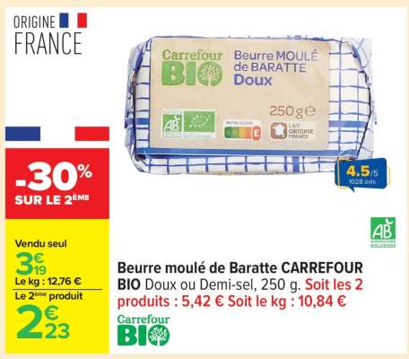 Beurre moulé de Baratte CARREFOUR BIO