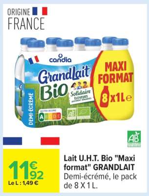 Lait U.H.T. Bio «Maxi format» GRANDLAIT