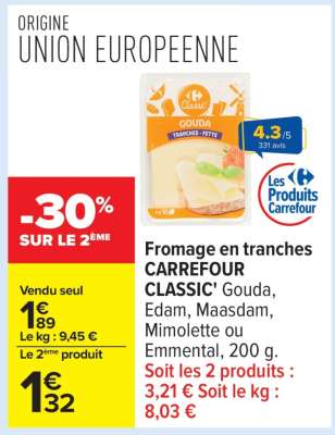 Fromage en tranches CARREFOUR CLASSIC