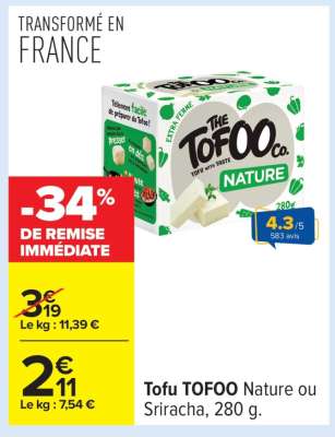 Tofu TOFOO Nature ou Sriracha, 280 g