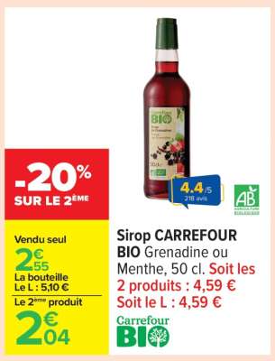 Sirop CARREFOUR BIO Grenadine ou Menthe, 50 cl
