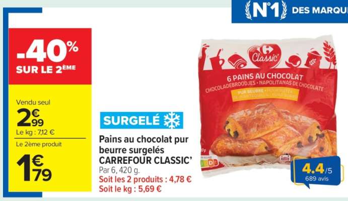 Pains au chocolat pur beurre surgelés CARREFOUR CLASSIC’