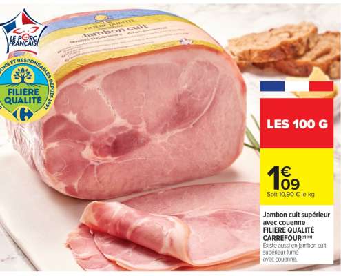 Jambon cuit supérieur avec couenne FILIÈRE QUALITÉ CARREFOUR