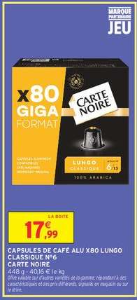 Capsules de café alu x80 Lungo Classique n°6 Carte Noire