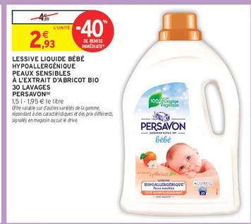 Lessive Liquide Bébé Hypoallergénique Peaux Sensibles à l'Extrait d'Abricot Bio 30 Lavages Persavon
