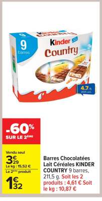 Barres Chocolatées Lait Céréales KINDER COUNTRY