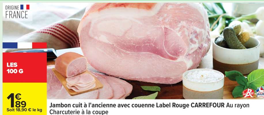 Jambon cuit à l'ancienne avec couenne Label Rouge CARREFOUR