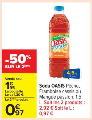 Soda OASIS Pêche, Framboise cassis ou Mangue passion