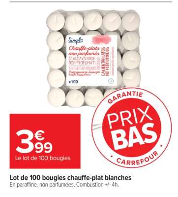 Lot de 100 bougies chauffe-plat blanches
