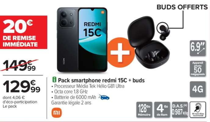 Pack smartphone redmi 15C + buds